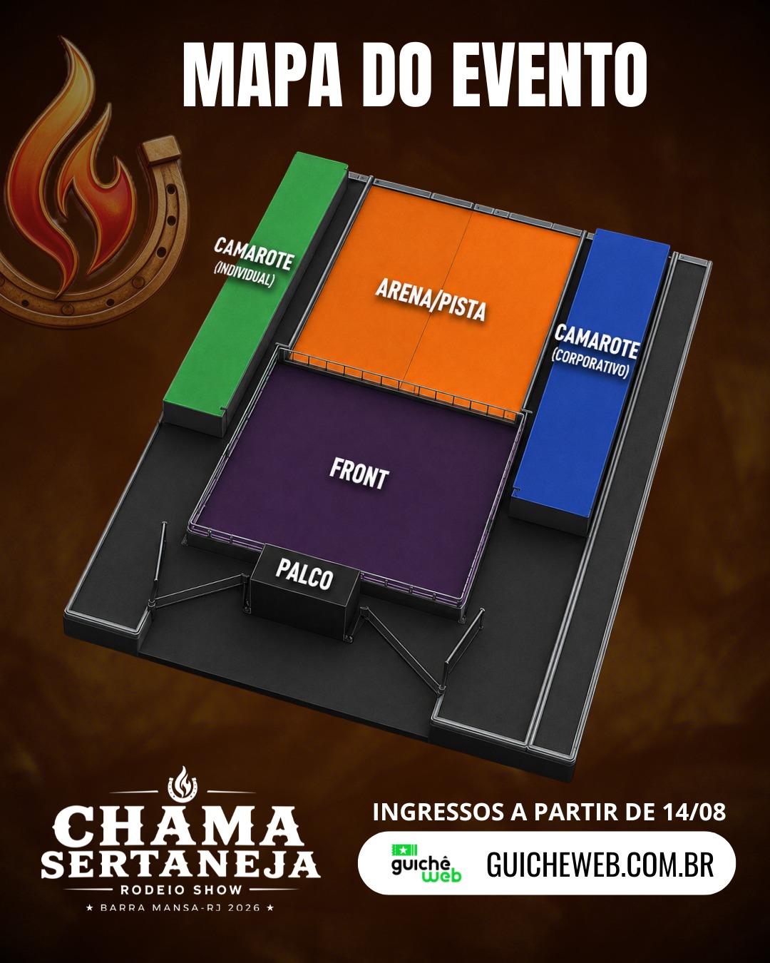 Mapa do evento com os setores Arena/Pista, Front e Camarotes